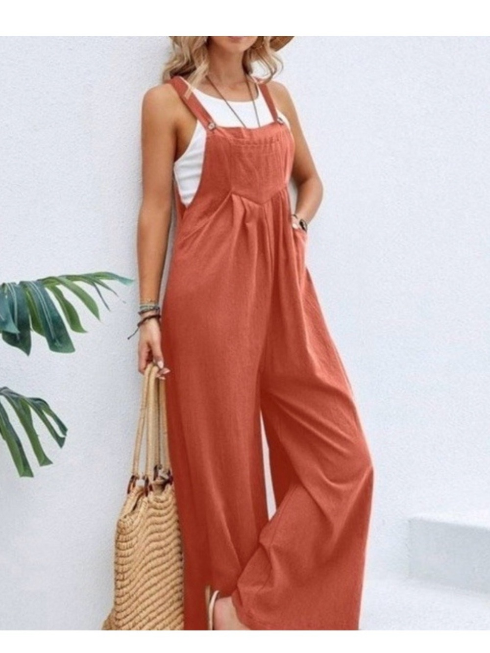 Terra-cotta Wide-Leg Cotton Jumper Overalls